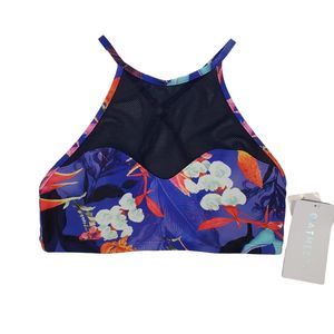 Athleta Lucia Mesh Bikini Top Sz M Blue Floral High Neck Swim